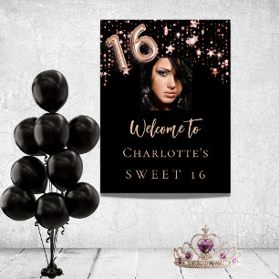 Poster Doce 16 estrelas rosa de ouro negras - boas-vindas