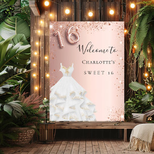 Poster Doce 16 glitter rosa de ouro vestido branco bem-vi