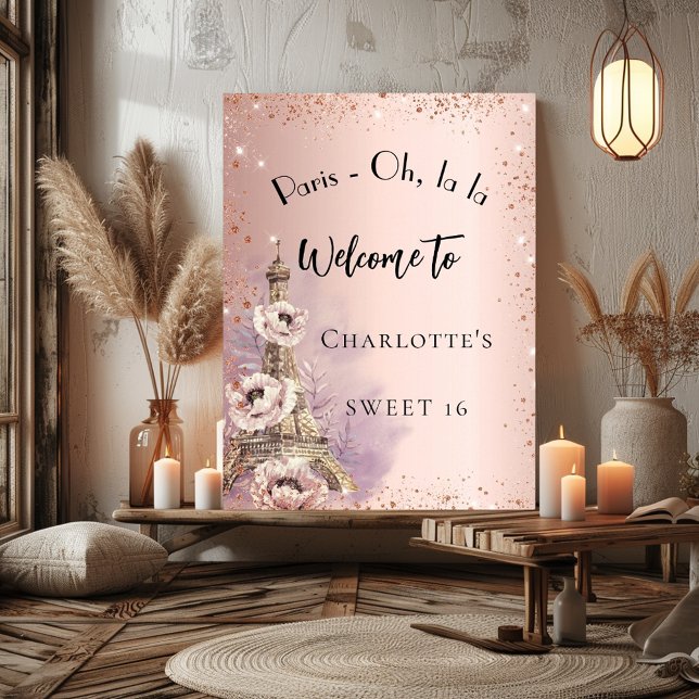 Poster Doce 16 Torre Eifel de Paris, rosa ouro, bem-vindo (Criador carregado)
