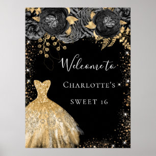 Poster Doce 16 vestido preto de ouro floral bem-vindo