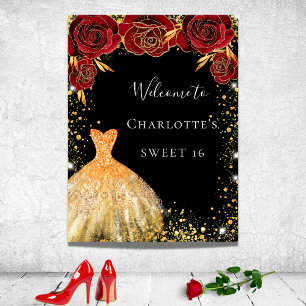 Poster Doce 16 vestido preto de ouro vermelho floral