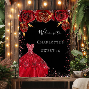 Poster Doce 16 vestido preto floral bem-vindo