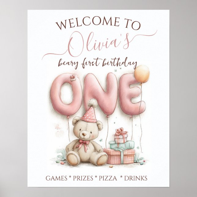 Poster Doce Aniversário de Um Ano com Urso de Pelúcia (Frente)