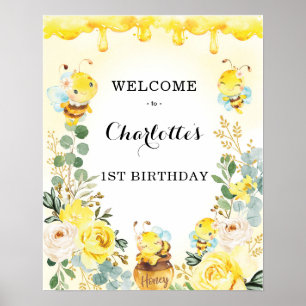 Poster Doce Bumble Bee Honeycomb Aniversário Floral Bem-v