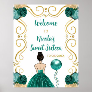Poster Doce, Dezesseis Brown Hair Princesa Teal Bem-vindo