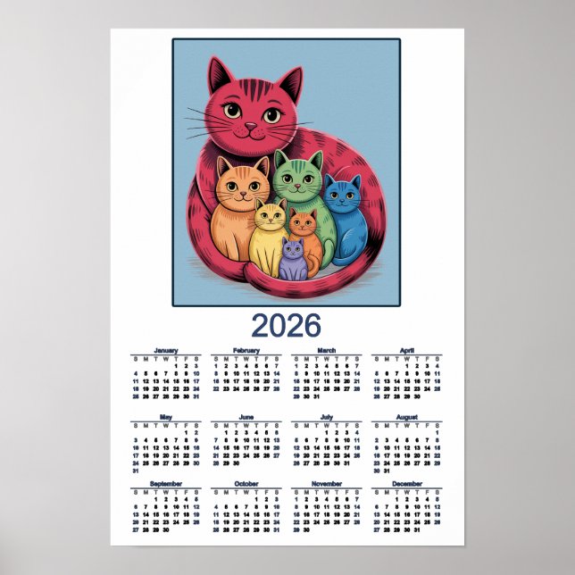 Poster Doce Família de Gatos Calendário 2026 de Gatos (Frente)
