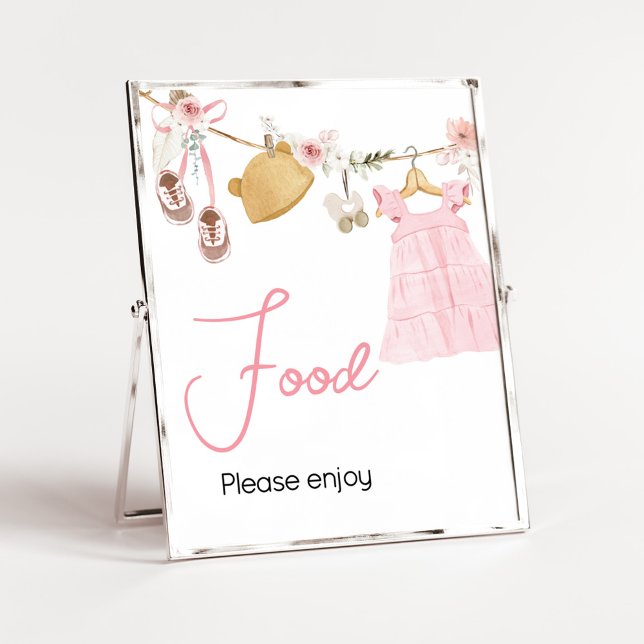 Poster Doce Menina Boho Chá de fraldas de roupa Comida (Sweet Baby Girl Boho Clothes Baby Shower Food Sign)