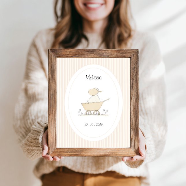 Poster Doce Ovelha Fofo Bege Nome Data Berçário (customizable name date baby nursery poster with a cute sheep in a wheelbarrow and beige stripes.)