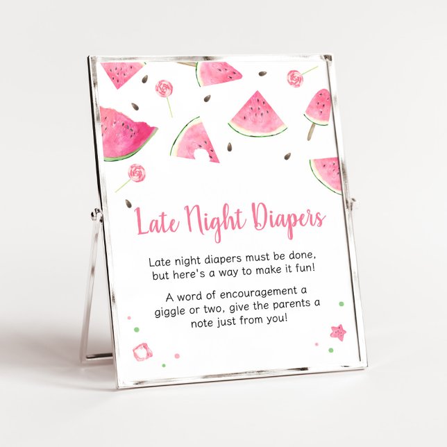 Poster Doce Pequena Melancia Bebê Fraldas Noturnas Tardes (Watermelon Sweet Little Baby Shower Late Night Diapers Sign)
