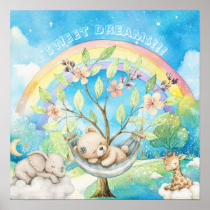 Poster Doce Sonho Arco-íris Animais Adormecidos Berçário