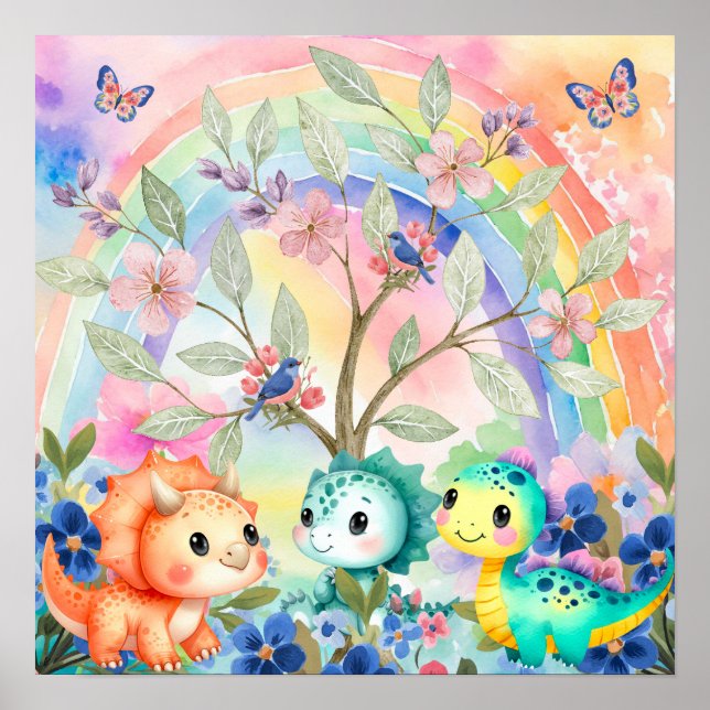 Poster Doce Sonho Arco-íris & Dinossauros Bebês Berçário  (Frente)