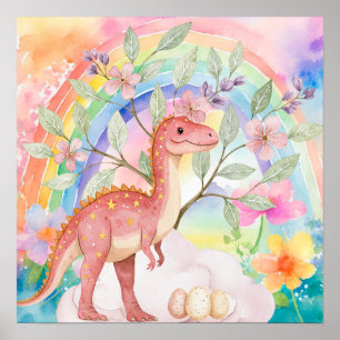 Poster Doce Sonho Arco-íris Dinossauros Rosa Berçário
