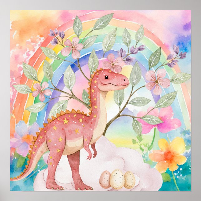 Poster Doce Sonho Arco-íris Dinossauros Rosa Berçário  (Frente)