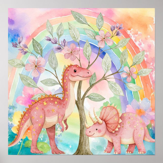 Poster Doce Sonho Arco-íris Dinossauros Rosa Berçário  (Frente)