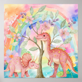 Poster Doce Sonho Arco-íris Dinossauros Rosa Berçário