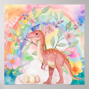 Poster Doce Sonho Arco-íris Dinossauros Rosa Berçário