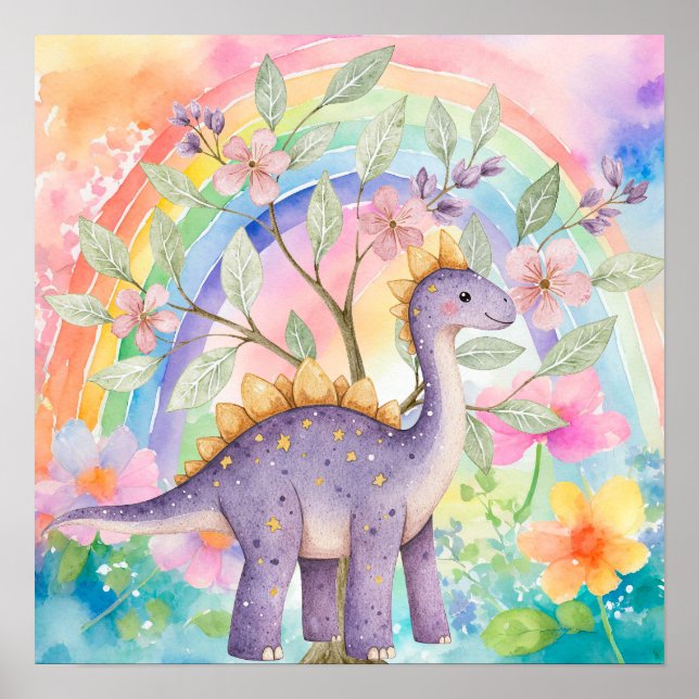 Poster Doce Sonho Arco-íris Dinossauros Roxos Berçário  (Frente)