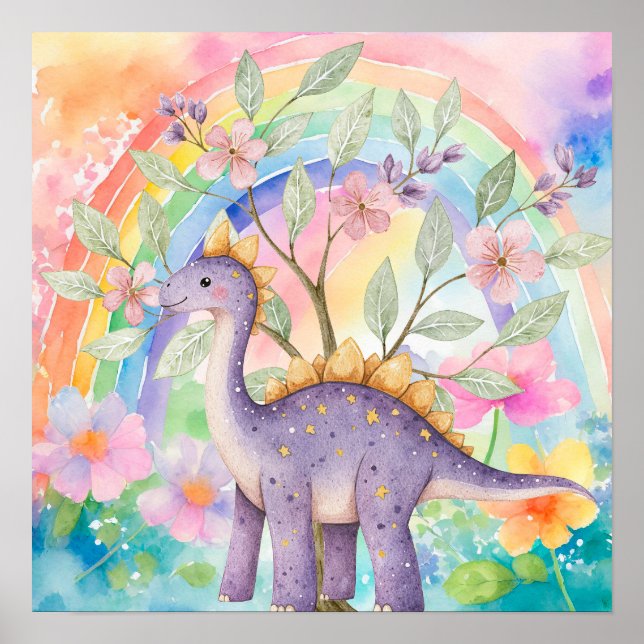 Poster Doce Sonho Arco-íris Dinossauros Roxos Berçário  (Frente)