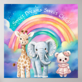 Poster Doce Sonho Arco-íris Elefante & Girafa Berçário
