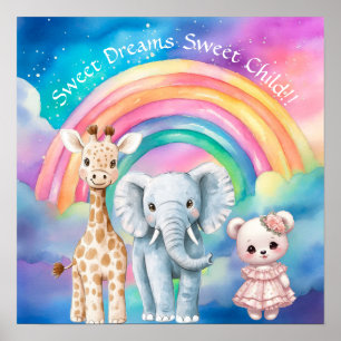 Poster Doce Sonho Arco-íris Elefante & Girafa Berçário