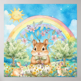 Poster Doce Sonho Arco-Íris Esquilo & Coelhos Berçário