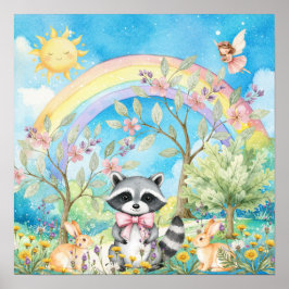 Poster Doce Sonho Arco-Íris Quarto de Guaxinim e Coelhos