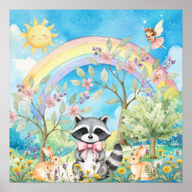 Poster Doce Sonho Arco-Íris Quarto de Guaxinim e Coelhos  (Frente)