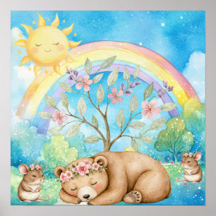 Poster Doce Sonho Arco-íris Urso Sonolento e Ratos Berçár