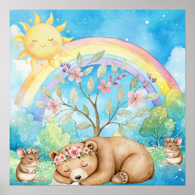 Poster Doce Sonho Arco-íris Urso Sonolento e Ratos Berçár (Frente)