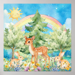 Poster Doce Sonho Arco-Íris Veado & Coelhos Quarto de Beb