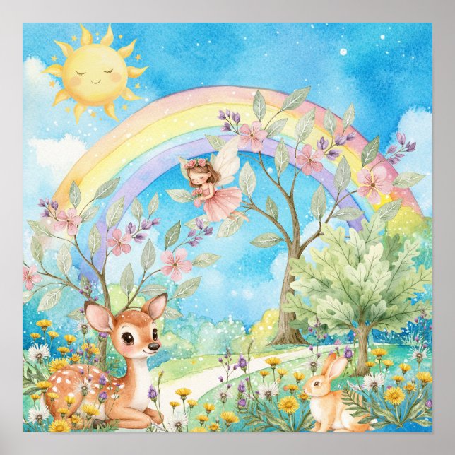 Poster Doce Sonho Arco-íris Veado e Coelho Berçário  (Frente)