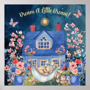 Poster Doce Sonho Floral Bebê Urso & Pássaros Berçário