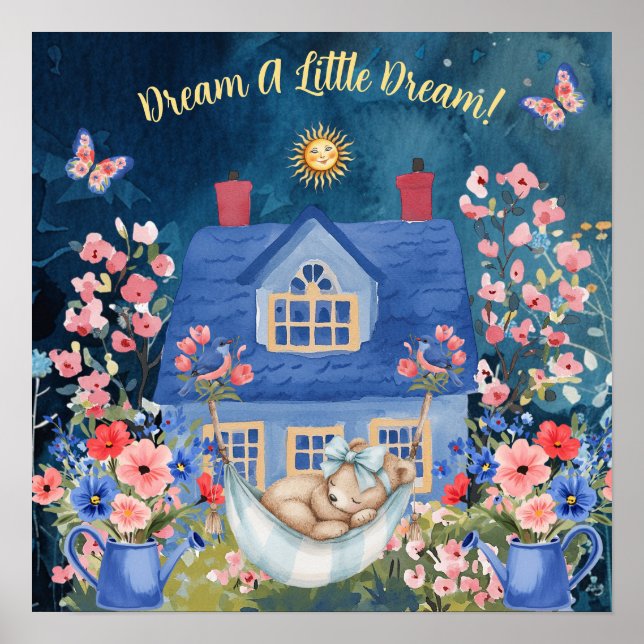 Poster Doce Sonho Floral Bebê Urso & Pássaros Berçário  (Frente)