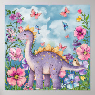 Poster Doce Sonho Floral Berçário Dinossauro Roxo