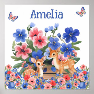 Poster Doce Sonho Floral Rena & Aves Nome da Criança