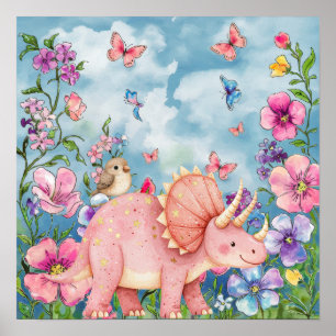 Poster Doce Sonho Floral Rosa Berçário Rinoceronte
