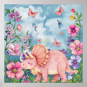 Poster Doce Sonho Floral Rosa Berçário Rinoceronte