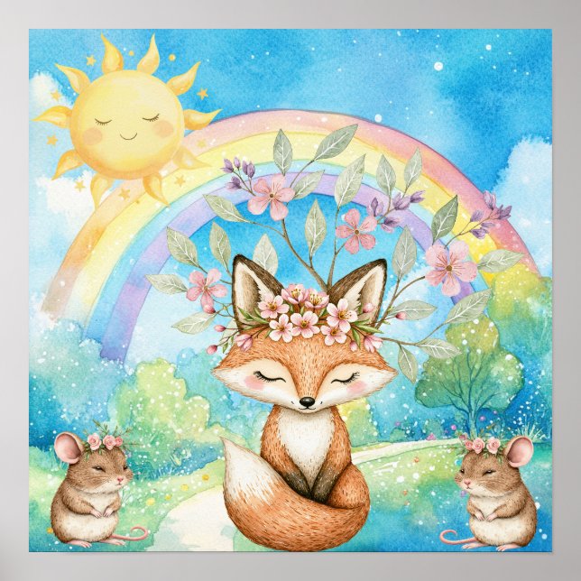 Poster Doce Sonho Rainbow Fox & Mice Berçário  (Frente)