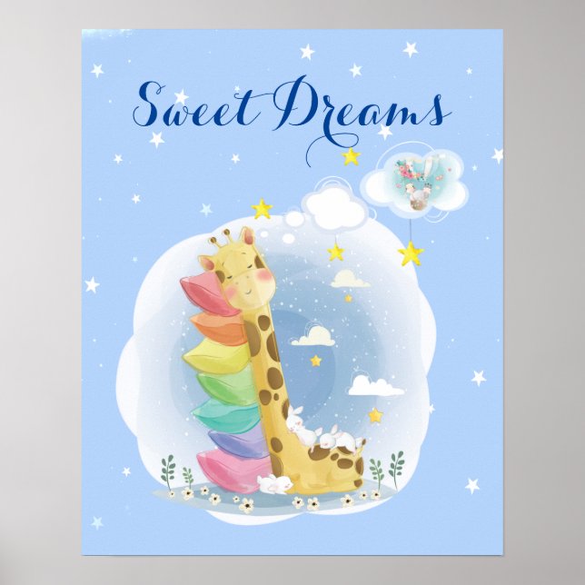 Poster Doce sonhos girafa dormindo com coelhos (Frente)
