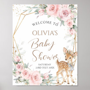 Poster Doce Veado Rosa Floral Bem-vindo ao Chá de Bebê