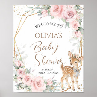 Poster Doce Veado Rosa Floral Bem-vindo ao Chá de Bebê