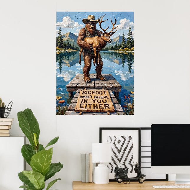 Poster Dockside Dilemma: Sasquatch e o Elk (Escritório em casa)
