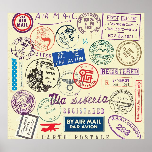 Poster Documento Vintage: Coleção do Conjunto de Carimbos (Frente)