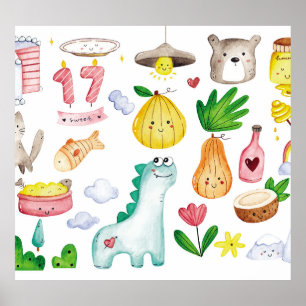 Poster Dodles de aquarela Kawaii, pronto para autocolante