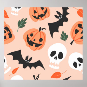 Poster Dodles de Halloween, abóboras, padrão de morcegos.