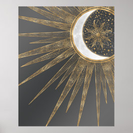 Poster Dodles Dourados Elegantes Sun Moon Mandala Design