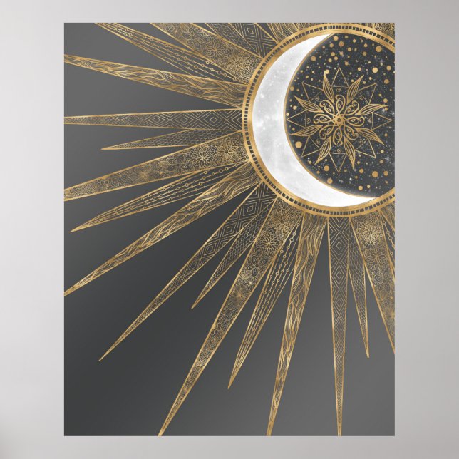 Poster Dodles Dourados Elegantes Sun Moon Mandala Design (Frente)