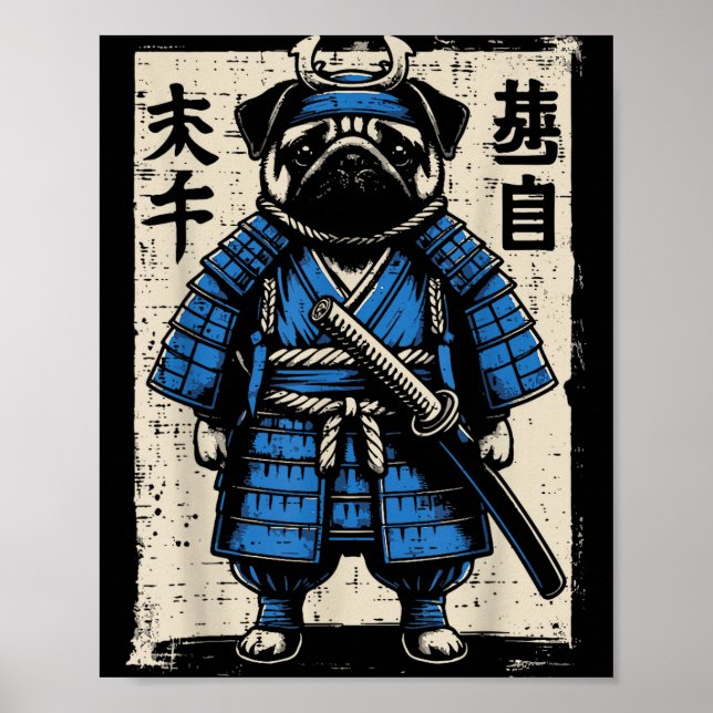 Poster Dog Pug Samurai Funny Japanese Warrior Art Men Wom (Frente)