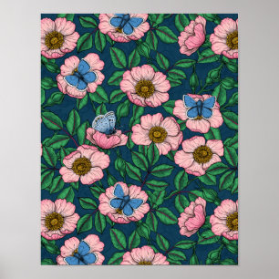 Poster Dog rose and butterflies