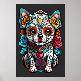 Poster Dog Sugar Skull Halloween, Dia de los Muertos